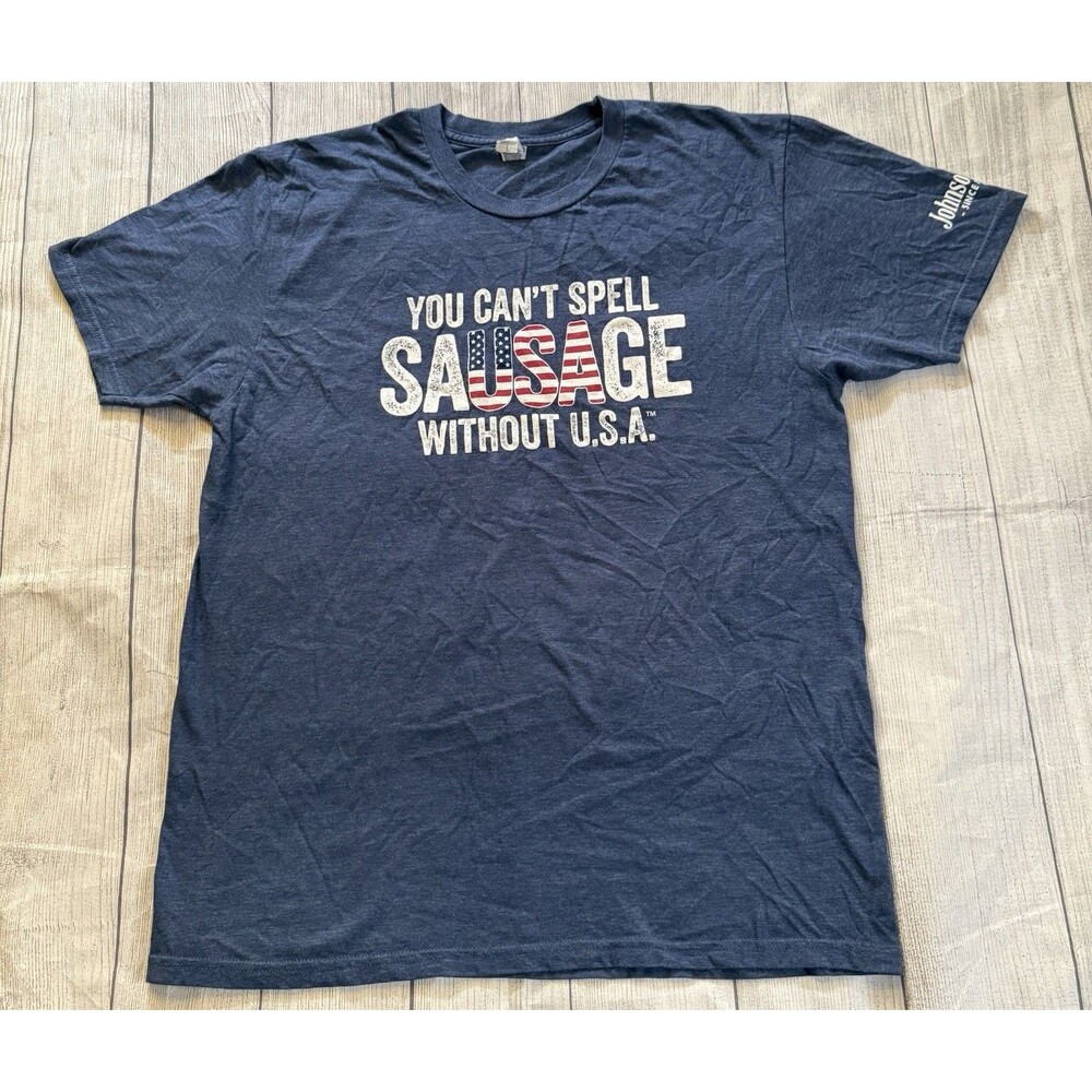 Johnsonville T Shirt You Can’t Spell Sausage Without USA Blue Gray Size Large L
